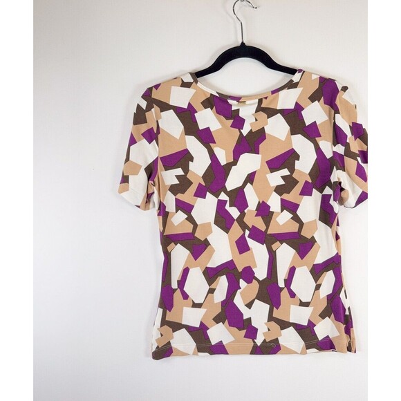 St John Womens Top Beige Abstract Short Sleeve Stretch Blouse Casual Size Small - Picture 7 of 11